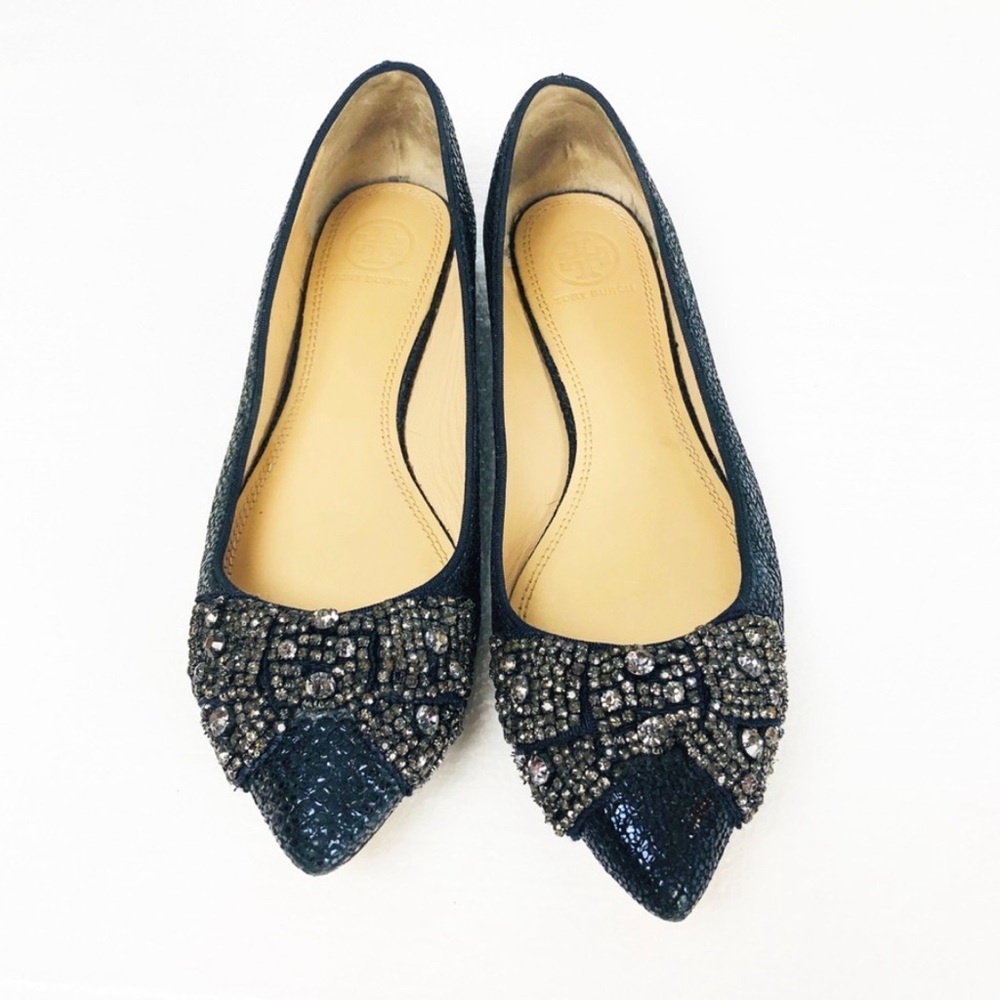 Tory Burch Navy Metallic Crystal Bow 8
